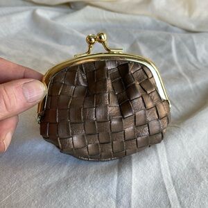 Jane Iredale Bronze Basketweave Woven Kisslock Coin Purse Compact Holder Satin